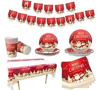 KAHEIGN 118 Piezas Vajilla de Fiesta de Navidad, 1 x Mantel, 1 x Pancarta, 20 x Servilletas, 16 x Tazas, 16 x Platos de 7 Pulgadas y 8,6 Pulgadas, 16 x Reutilizables Cuchillos, Tenedores y Cucharas