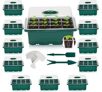 KAHEIGN 12 Piezas Bandejas de Inicio de Semillas, 144 Celdas Bandejas de Propagador de Semillas de Plástico Resistente con Cúpula de Ventilación y Bases, 20 Etiquetas para Plantas, 2 Herramientas