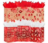 KAHEIGN 12 Piezas Bolsas De Regalo Navideñas, 25 x 20 x 13CM Bolsas de Papel Metalizado Rojo con Papel de Seda, Etiqueta de Nombre y Asa de Cinta para Navidad Fiesta Regalos Envoltorio