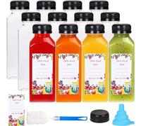 KAHEIGN 12 Piezas Botellas de Jugo de Plástico con Tapas de Manipulación, 360ml Envases de Bebidas de Jugo Transparentes Vacíos Botellas de Agua Reutilizables con Tapas, Etiqueta, Embudo y Pincel