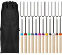 KAHEIGN 12 Piezas Tenedores para Tostar Malvaviscos, 12 Colores Tenedores de Barbacoa de Acero Inoxidable Telescópico de 31cm a 81cm Palitos de Malvavisco para Tostar Brochetas de Fogata Smores