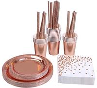 KAHEIGN 146 Piezas Oro Rosa Vajilla De Fiesta Desechable Papel Aluminio Platos Servilletas Tazas Pajitas Para Bodas, Aniversario, Cumpleaños Para 24 Invitados