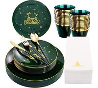 KAHEIGN 175 Piezas Reutilizable Vajilla Navide?a de Plástico Verde con Borde Dorado - 25 Platos Llano, 25 Platos Ensalada, 25 Cuchillos, 25 Tenedores, 25 Cucharas, 25 Servilletas para 25 Invitados