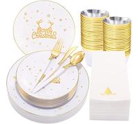 KAHEIGN 175 Piezas Reutilizable Vajilla Navideña de Plástico Blanco con Borde Dorado - 25 Platos Llano, 25 Platos Ensalada, 25 Cuchillos, 25 Tenedores, 25 Cucharas, 25 Servilletas para 25 Invitados