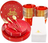 KAHEIGN 175 Piezas Reutilizable Vajilla Navideña de Plástico Rojo con Borde Dorado - 25 Platos Llano, 25 Platos Ensalada, 25 Cuchillos, 25 Tenedores, 25 Cucharas, 25 Servilletas para 25 Invitados