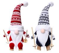 KAHEIGN 2 Piezas Gnomos Esquiadores Navideños, Muñeco de Peluche Gonk Tejido a Mano Gnomos Suecos Tomte Enano Elfo con Madera Esquís y Bastones de Esquí por Chimenea Fiesta Decoración (35CM x 15CM)