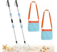 KAHEIGN 2 Piezas Tamizadores de Arena con Bolsas para Concha Marina, 55CM - 84CM Ajustable Tamizador de Dientes de Tiburón Pala de Malla con Mango Retráctil para Recoger Conchas Playa y Rocas Búsqueda