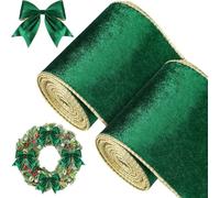 KAHEIGN 2 Rollos Cintas de Terciopelo Navideña, 11m x 10cm Ancho Cinta de Terciopelo de Envolver Resistente al Agua con Borde Dorado para Navidad Regalos Envolver Árbol Corona Lazo Decoración (Verde)
