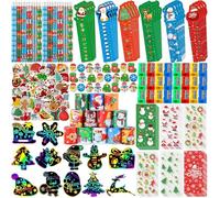 KAHEIGN 218 Piezas Papelería Escolar Navideño, 24 Piezas Navideñas Reglas Lápices Borradores Sacapuntas Pulseras Bolsas de Regalos Raspar Papel Pegatinas - para Navideños Regalos Juegos Recompensas