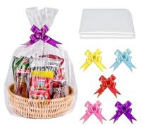 KAHEIGN 24 Piezas Bolsas De Cesta De Regalo Transparentes, 32 x 22 Pulgadas Celofán Presentar Bolsas De Envoltura Para La Fabricación De Cestas De Regalos Cestas(con 24Pz Cinta De Lazos)