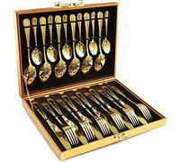 KAHEIGN 24 Piezas Oro Cubiertos, Oro Forjado Cubiertos de Acero Inoxidable, 6 x Cuchillos de Cena, 6 x Cuchara, 6 x Tenedores, 6 x Cucharaditas, Vajilla Pulida para Boda Aniversario Navidad Fiesta