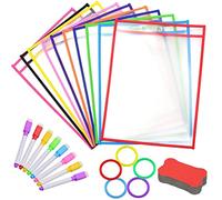 KAHEIGN 24Pz Conjunto De Bolsillos De Borrado En Seco, 36 x 26cm Bolsillos Reutilizables Para Escribir Y Limpiar Con Borrador De Forma De Hueso, 8 Bolígrafos De Borrado, 5Pz Llavero (10 Colores)