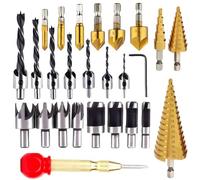 KAHEIGN 26 Piezas Juego De Brocas Avellanadas, 8 Piezas Brocas Para Cortador De Tapones De Madera, 7 Piezas Broca De Tres Puntas, 6 Piezas Broca Avellanada, 3 Piezas Broca De Cono Escalonado