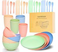 KAHEIGN 28 Piezas Vajilla De Plástico, 4 Juegos Platos, Tazas, Tazones Y Cubiertos Ligeros E Irrompibles, Respetuoso Con El Medio Ambiente Y Reutilizable, Apto Para Microondas Y Lavavajillas