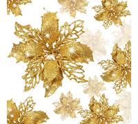 KAHEIGN 36 Piezas Flores de Nochebuena de Navidad, Brillo Oro Flores de Nochebuena Artificiales Adornos para árboles de Navidad por Boda Corona de Navidad Hogar Fiesta Decoración (3 Tamaño)