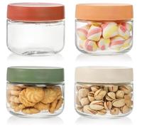 KAHEIGN 4 Piezas Tarros de Avena Durante la Noche, 300ml Tarro de Cristal de Boca Ancha Contenedor de Albañil con Tapa de Rosca a Prueba de Fugas para Alimentos Secos Refrigerios Frijoles (4 Colores)