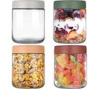 KAHEIGN 4 Piezas Tarros de Avena Durante la Noche, 500ml Tarro de Cristal de Boca Ancha Contenedor de Albañil con Tapa de Rosca a Prueba de Fugas para Alimentos Secos Refrigerios Frijoles (4 Colores)