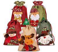 KAHEIGN 5 Piezas Bolsos de Lazo de Navidad, Grande 3D Tela Papá Noel Muñeco de Nieve Reno Bolsa de Arpillera Bolsas de Navidad Regalo Bolsa de Golosinas Bolsas de Regalo para Navidads Fiesta Favor