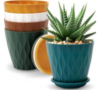 KAHEIGN 5 Piezas Macetas de Plástico para Plantas, 15CM Maceta Gruesa Control de Raíces para Plántulas con Orificio de Drenaje y Bandeja para Plantas Flores Hierbas Suculentas Cactus (5 Colores)