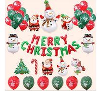 KAHEIGN 50 Pcs Kit De Decoración De Globos Navideños, Feliz Navidad Banner 10 Piezas Papá Noel Monigote De Nieve Globo De Papel, 26 Piezas Verde Rojo Globos De Arco