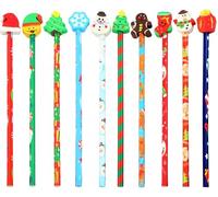 KAHEIGN 50 Piezas Lápices Navideños con Gomas de Borrar, 10 Estilos Borradores de Dibujos Animados en Extremo de Lápices, Muñeco de Nieve Media Hombre de Jengibre Sombrero Árbol de Navidad Lápices