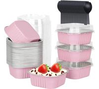 KAHEIGN 50 Piezas Mini Moldes Para Pan Con Tapas Y Cucharas, 150ml Cuadradas Aluminio Papel Contenedores para Hornear Pasteles con Pegatina de Sellado para Boda Cumpleaños Picnic Fiesta (Rosa Plata)