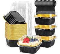 KAHEIGN 50 Piezas Mini Moldes Para Pan Con Tapas Y Cucharas, 150ml Cuadradas Aluminio Papel Contenedores para Hornear Pasteles con Pegatina de Sellado para Boda Cumpleaños Picnic Fiesta (Oro Negro)