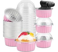 KAHEIGN 50 Piezas Mini Moldes Para Pan Con Tapas Y Cucharas, 150ml Redondas Aluminio Papel Contenedores para Hornear Pasteles con Pegatina de Sellado para Boda Cumpleaños Picnic Fiesta (Rosa Plata)