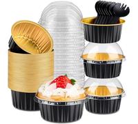 KAHEIGN 50 Piezas Mini Moldes Para Pan Con Tapas Y Cucharas, 150ml Redondas Aluminio Papel Contenedores para Hornear Pasteles con Pegatina de Sellado para Boda Cumpleaños Picnic Fiesta (Oro Negro)
