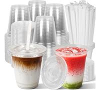 KAHEIGN 50 Piezas Vasos de Plástico Transparente con Tapa Y Pajitas de Papel, 360ml Vaso Reutilizable de Plástico para Café Elegantes Vasos para Café Helado Batidos Bebidas Frías Fiestas Catering