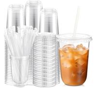 KAHEIGN 50 Piezas Vasos de Plástico Transparente con Tapa Y Pajitas de Papel, 480ml Vaso Reutilizable de Plástico para Café Elegantes Vasos para Café Helado Batidos Bebidas Frías Fiestas Catering