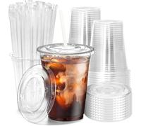 KAHEIGN 50 Piezas Vasos de Plástico Transparente con Tapa Y Pajitas de Papel, 480ml Vaso Reutilizable de Plástico para Café Elegantes Vasos para Café Helado Batidos Bebidas Frías Fiestas Catering
