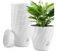 KAHEIGN 6 Piezas Macetas Autorriego para Plantas, 12CM Redondas Recipiente Grueso de Plástico para Suculentas Hierbas Orquídeas Menta Bonsáis Plantas - con Abrevadero Agujero, Drenaje y Plato (Blanco)