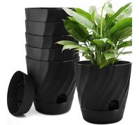 KAHEIGN 6 Piezas Macetas Autorriego para Plantas, 12CM Redondas Recipiente Grueso de Plástico para Suculentas Hierbas Orquídeas Menta Bonsáis Plantas - con Abrevadero Agujero, Drenaje y Plato (Negro)