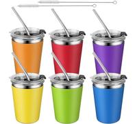 KAHEIGN 6 Piezas Vasos de Acero Inoxidable con Tapas y Pajitas, 360ml Niños Vaso Irrompible Taza de Viaje Reutilizable Taza para Café Helado con Silicona Fundas Extraíbles para Bebidas Frías Calientes