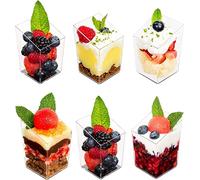 KAHEIGN 60 Piezas Mini Tazas de Postre, 90ml Vasos de Postre Cuadrado Inclinado de Plástico Copa de Aperitivo de Parfait Transparente Tazón para Servir Reutilizable para Mousse Pudín (4,8 x 7cm)