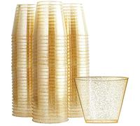 KAHEIGN 60 Piezas Vasos de Plástico con Purpurina Dorada, 270ml Tazas de Postre Redondas Tazón Transparente para Aperitivos Parfait Vasos para Servir Reutilizables para Whisky (7 x 8,5cm)