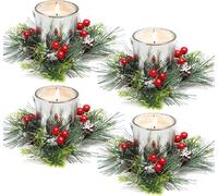 KAHEIGN 8 Piezas Anillos de Velas Navideñas, 20CM Corona de Frutos Rojos Artificiales Candelabro con Agujas de Pino de Nevado para Pilares Rústico Bodas Navideña Fiestas Puerta Mesa Decoración