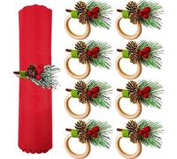 KAHEIGN 8 Piezas Servilleteros Navideños, Servilleteros de Madera con Cono de Pino Baya Roja Copo de Nieve Hebilla de Servilleta Rústica por Navidad Almuerzo Acción de Gracia Año Nuevo Mesa Decoración