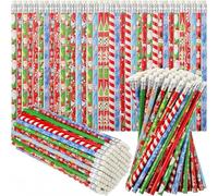 KAHEIGN 96 Piezas Lápices Navideños con Borradores, 12 Estilos 19CM Dibujos Muñeco de Nieve Dulces Papá Noel Reno Árbol Lápices de Madera para Niños Navidad Calcetines Caja Rellenos Fiestas Regalos