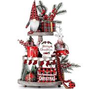 KAHEIGN Búfalo Cuadros Decoración de Bandejas Escalonadas de Navidad, 25CM Gnomos de Peluche con 2 Carteles de Madera, 2 Miniárboles, 6 Medias, Taza y 57CM Guirnalda de Cuentas - para Xmas Decoración