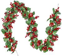 KAHEIGN Guirnalda Navideña de Frutos Rojos, 175CM Guirnalda de Bayas Artificiales Guirnalda de Vegetación Flexible con Frutos Rojos y Hojas de Acebo para Invierno Navidad Fiesta Año Nuevo Decoración