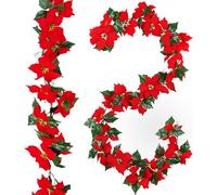 KAHEIGN Guirnalda Navideña de Poinsettia, 200CM Guirnalda Artificial de Flores de Pascua de Flexible con Flores Rojas y Hojas de Acebo para Navidad Festividades Año Nuevo Fiestas Decoración