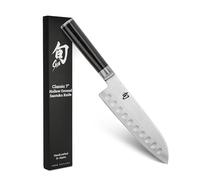 KAI Shun Classic Santoku 18 cm longitud de hoja con alveolos - Cuchillo de Damasco 32 capas núcleo VG MAX - 61 (±1) HRC - Mango de madera Pakka - Hecho en Japón - cuchillo de cocina japonés forjado