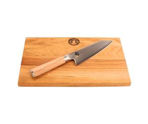 Kai Shun Classic White Kiritsuke DM-0777W - Cuchillo de damasco de edición limitada (5555 unidades) + tabla de cortar roble 30 x 20 cm, cuchillo de chef japonés con damasco de 32 capas, pulido por