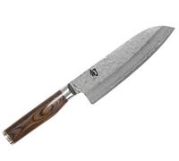 KAI Shun Premier Tim Mälzer Santoku 18 cm longitud de la hoja - Núcleo VG-MAX 61 HRC, 32 capas de Damasco pulido - Madera de Pakka veteada de color marrón medio - Superficie martillada Hecho en Japón