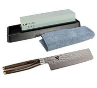 Kai SHUN Premier Tim Mälzer TDM-1742 Nakiri - Cuchillo de damasco japonés ultraafilado, hoja de 14 cm, piedra de afilar Kai AP-0305, grano 400/1000 y paño de pulido premium