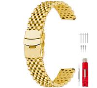 Kai Tian Correa de reloj de acero inoxidable pesado de 20 mm y 22 mm, alta resistencia, acabado mate, cierre rápido, 7 cuentas, correa de repuesto para hombre y mujer, color plateado, negro y dorado