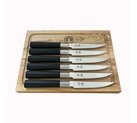 KAI Wasabi Black 67S-400 - Juego de cuchillos de carne (6 piezas, la primera elección para los amantes de la carne y los cocineros profesionales, incluye tabla de cortar 100% hecha a mano, madera de
