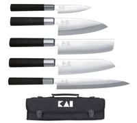 KAI Wasabi Black estuche de cuchillos equipado - cuchillo multiusos 10 cm, Deba 15 cm, Nakiri 16,5 cm, Santoku 16,5 cm, Yanagiba 21 cm - acero inoxidable 6A/1K6 pulido 58 (±1) HRC - mango negro